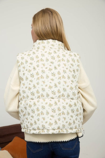 Cream & Mint Floral Quilted Puffer Vest