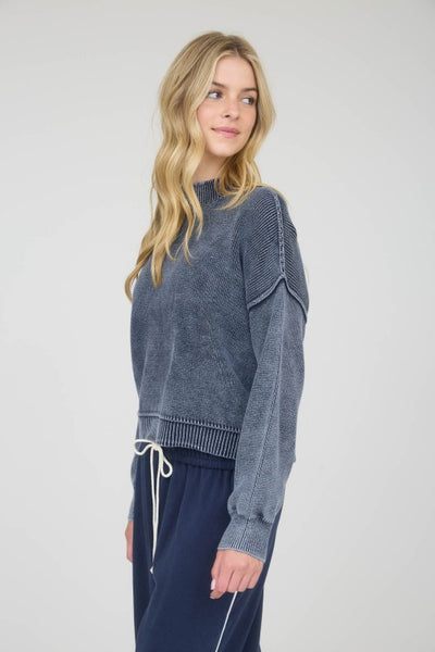Navy Mineral Washed Mockneck Sweater