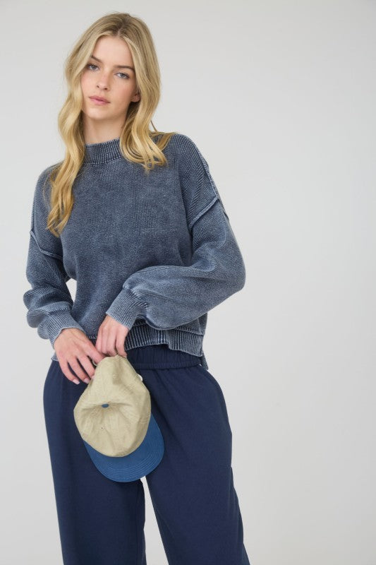 Navy Mineral Washed Mockneck Sweater
