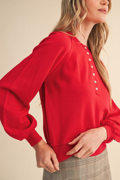 Red Puff Sleeve Henley Sweater