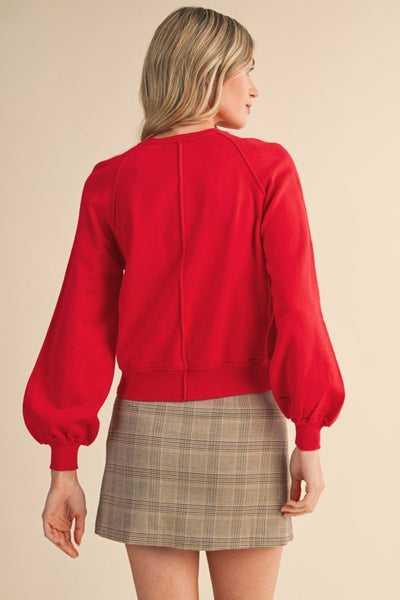 Red Puff Sleeve Henley Sweater