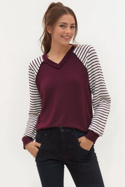 Burgundy & Ivory Striped V-Neck Top (S-3XL)