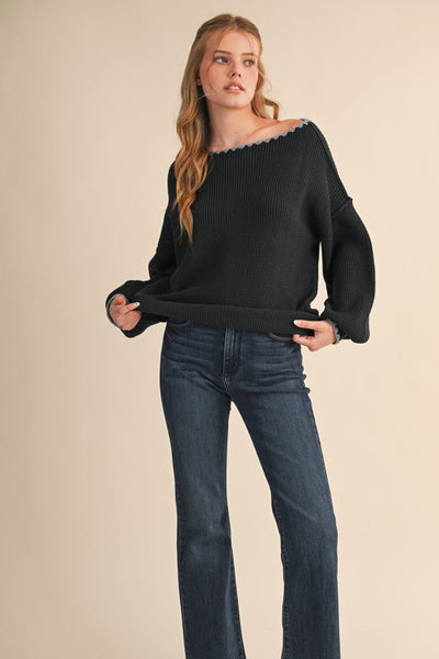 Black & Grey Boat Neck Sweater