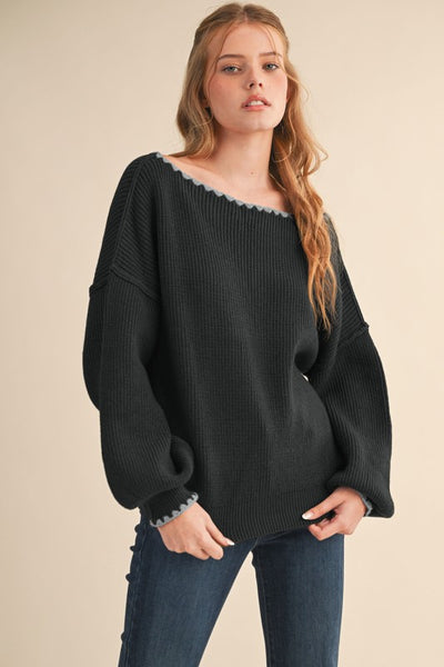 Black & Grey Boat Neck Sweater