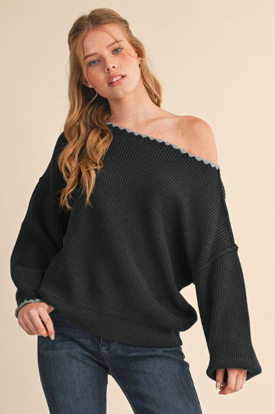 Black & Grey Boat Neck Sweater