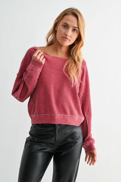 Garnet Red Raw Edge Waffle Knit Pullover