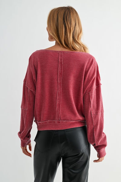 Garnet Red Raw Edge Waffle Knit Pullover