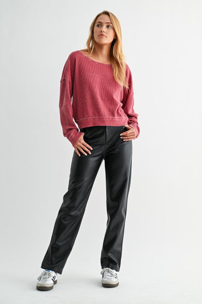 Garnet Red Raw Edge Waffle Knit Pullover