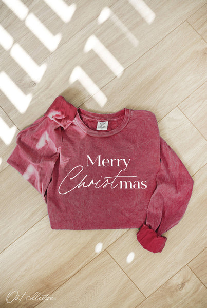 Cranberry Merry Christmas Mineral Washed Long Sleeve Graphic