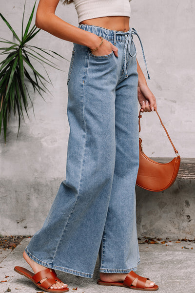 Elastic Waist Wide Leg Denim Jeans