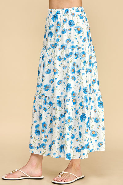 Blue Sunflower Tiered Maxi Skirt