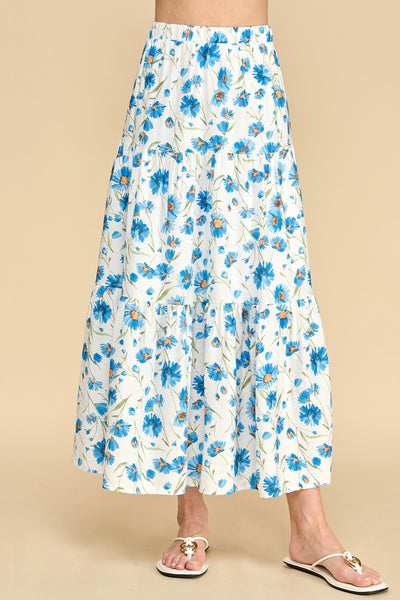 Blue Sunflower Tiered Maxi Skirt