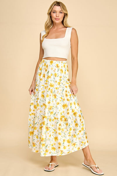 Yellow Sunflower Tiered Maxi Skirt