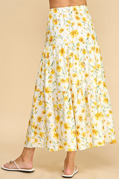 Yellow Sunflower Tiered Maxi Skirt