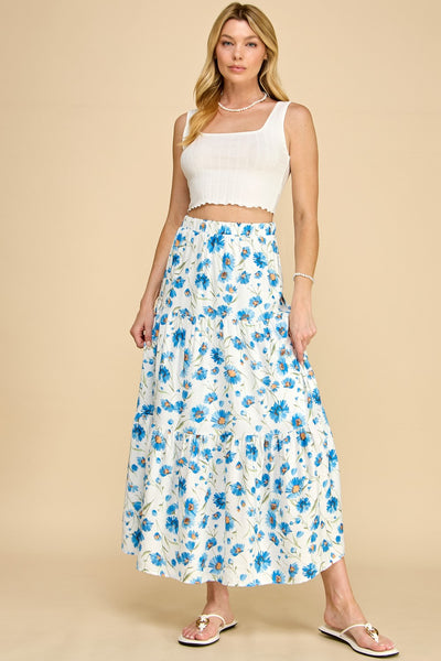 Blue Sunflower Tiered Maxi Skirt