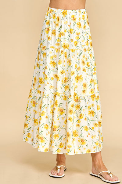 Yellow Sunflower Tiered Maxi Skirt