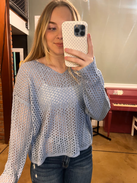 Powder Blue V-Neck Open Knit Top