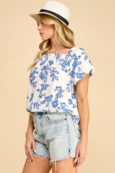 Blue & White Floral Off Shoulder Top