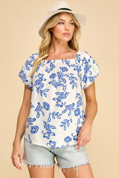 Blue & White Floral Off Shoulder Top