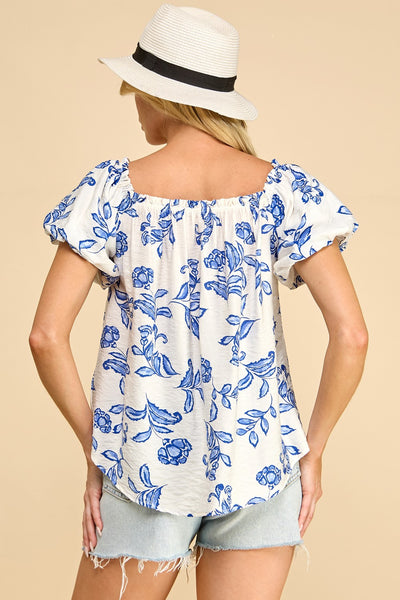 Blue & White Floral Off Shoulder Top