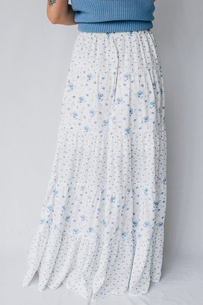 Sky Blue Floral Print Boho Maxi Skirt