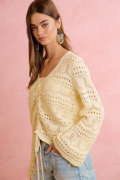 Ivory Pointelle Knit V-Neck Ruched Top