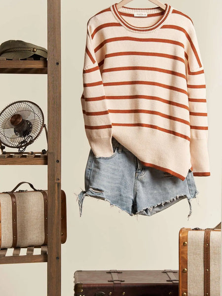 Cream & Rust Striped Knit Sweater