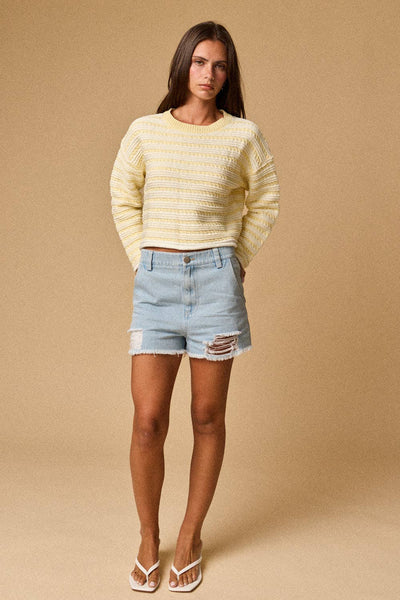 Yellow Textured Stripe Cropped Knit Top