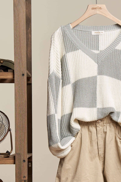 Cropped Dusty Mint Checkered V-Knit Sweater