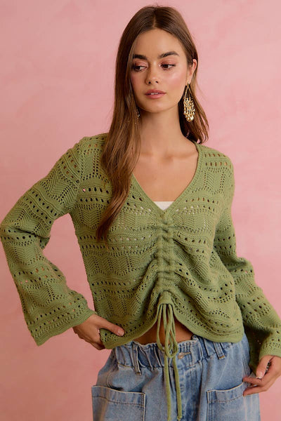 Olive Pointelle Knit V-Neck Ruched Top