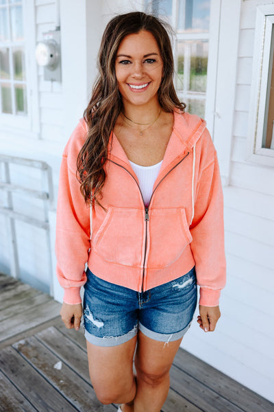 Acid Wash Zip-Up Hoodie in Coral