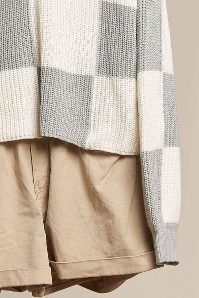 Cropped Dusty Mint Checkered V-Knit Sweater