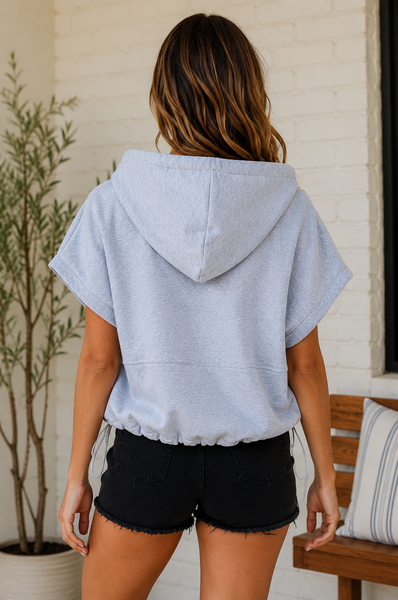 Heather Grey Drawstring Bottom Short Sleeve Hoodie