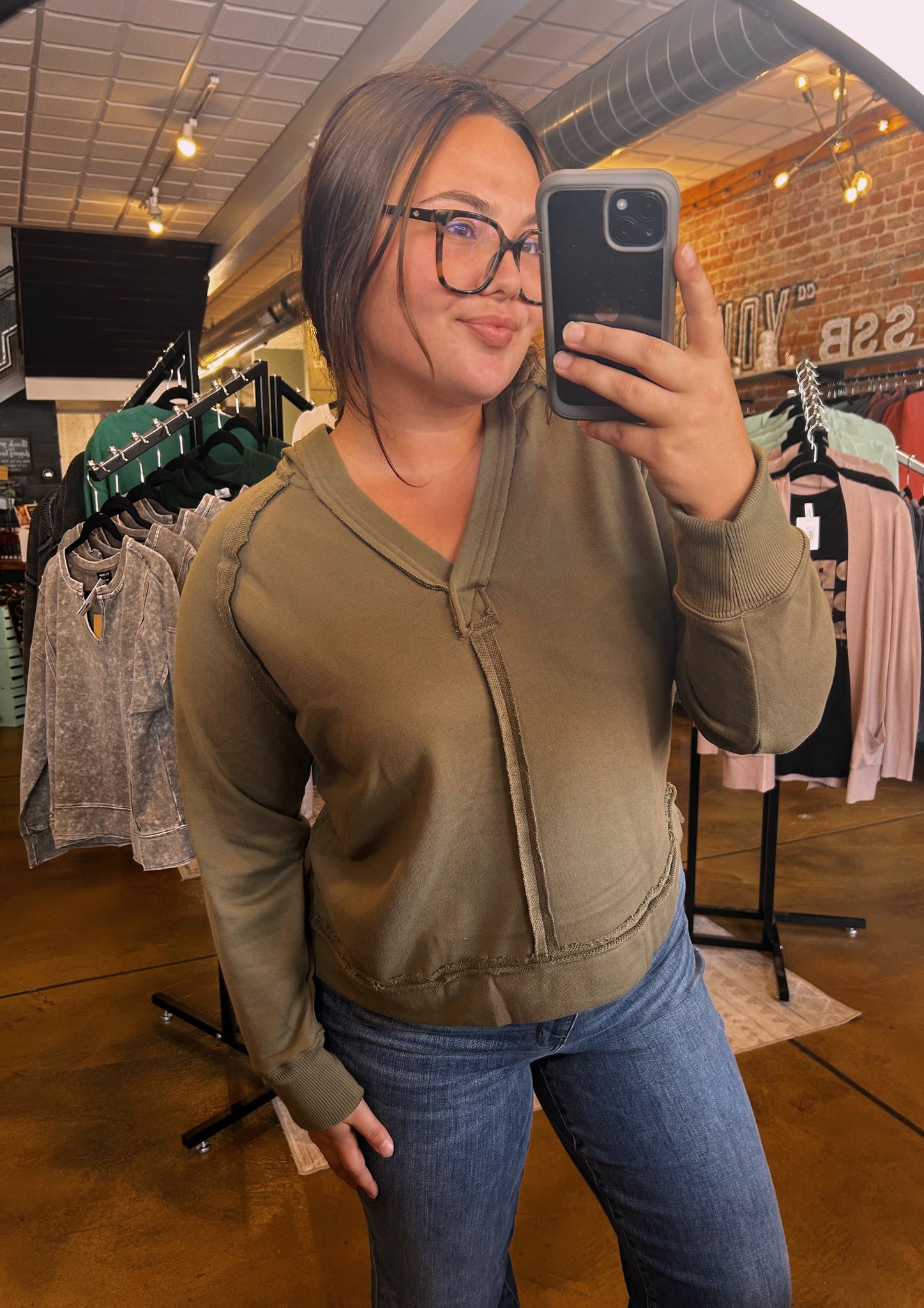 Olive Raw Edge Hooded Top