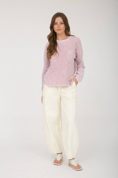 Mauve Mineral Wash Pocket Long Sleeve Knit Top