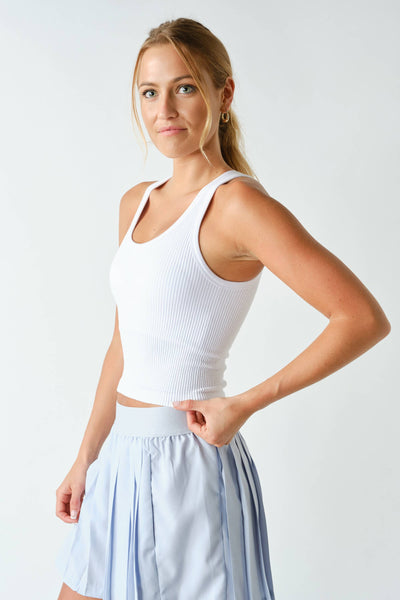 White Ribbed Scoop-Neck Built-in-Bra Tank Top