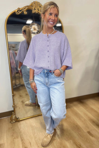 Lavender 3/4 Sleeve Boxy Knit Button Down Sweater Cardigan