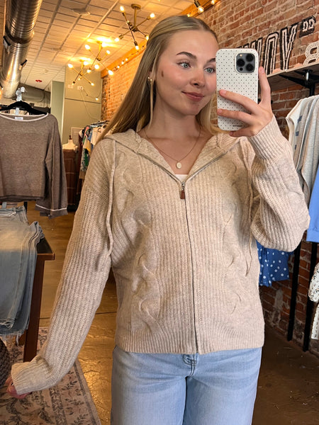 Oatmeal Zip-Up Cable Knit Sweater Cardigan With Hood