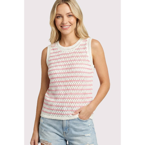 Pink Stripe Crochet Sleeveless Sweater