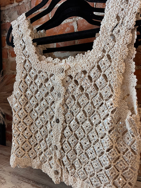Sequins Embellished Diamond Crochet Lace Vest