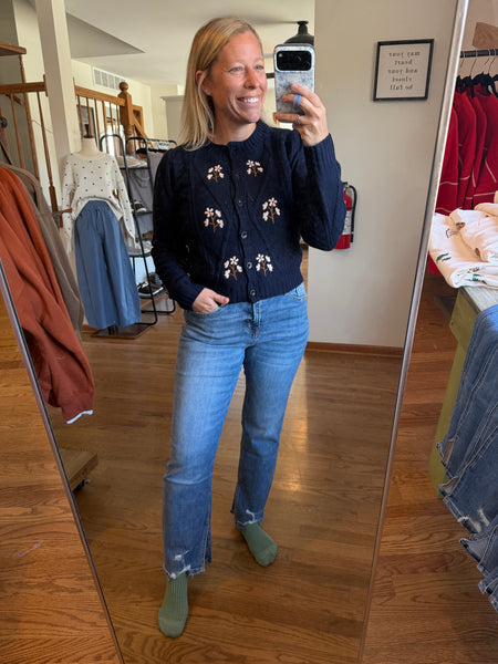 Navy Floral Embroidered Cable Knit Cardigan