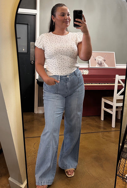Ivory Floral Knit Puff Cap Sleeve Tee
