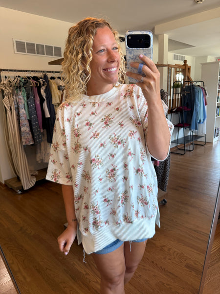 Ivory Floral Ribbed Short Sleeve Top