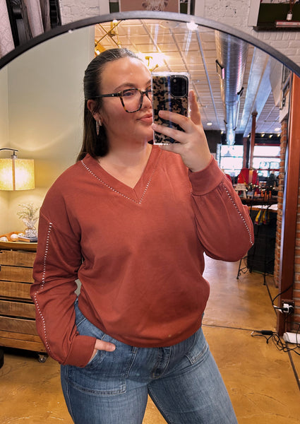 Burnt Amber French Terry V-Neck Sweatshirt