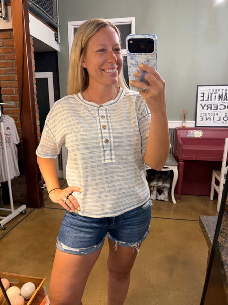 Blue Stripe Henley Exposed Seam Top
