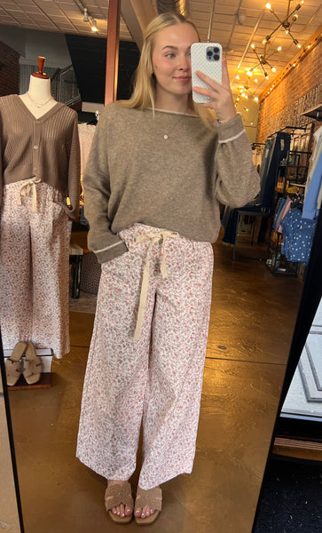 Cream Floral Cotton Wide Leg Pants