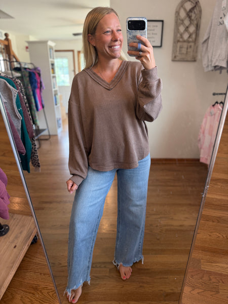 Mocha Raw Edge V-Neck Long Sleeve Textured Knit Top