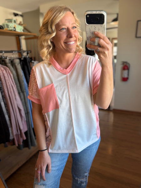 Ivory & Peach Lace V-Neck Top