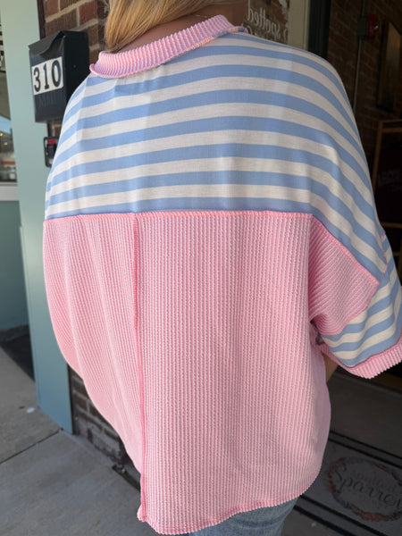 Light Blue & Pink Stripe Pullover Top
