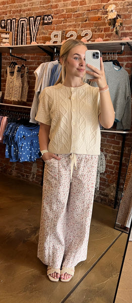 Beige Cable Knit Short Sleeve Sweater Cardigan
